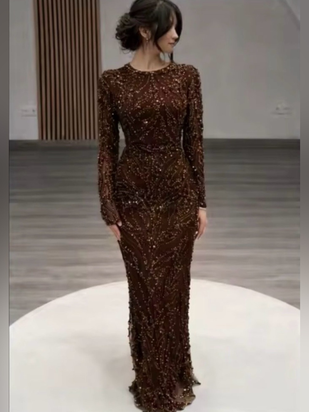 Brown Beaded Long-Sleeve Gown